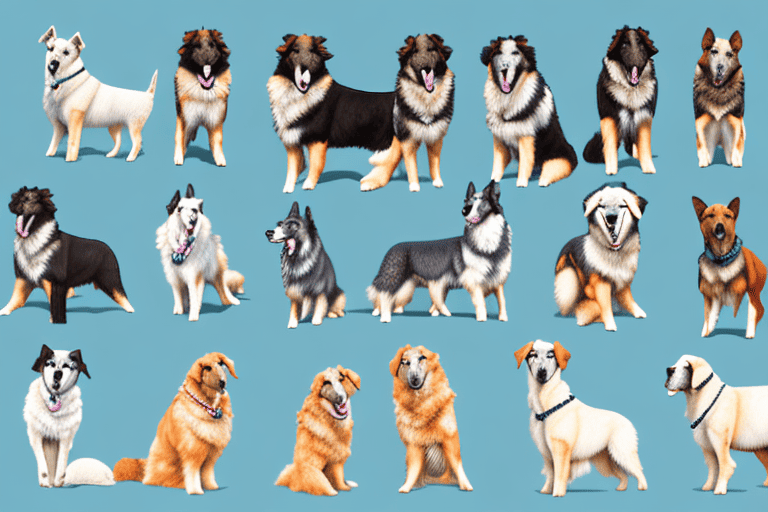 Several distinct types of shepherd dogs in various poses