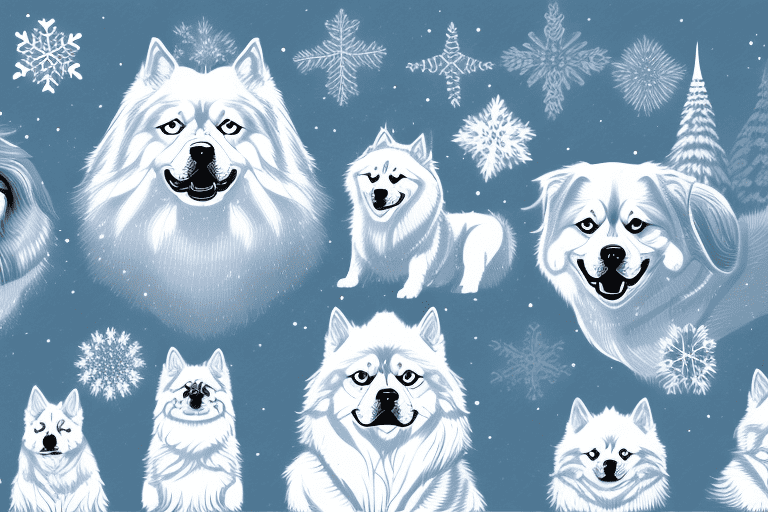 Several distinct siberian dog breeds in a snowy landscape