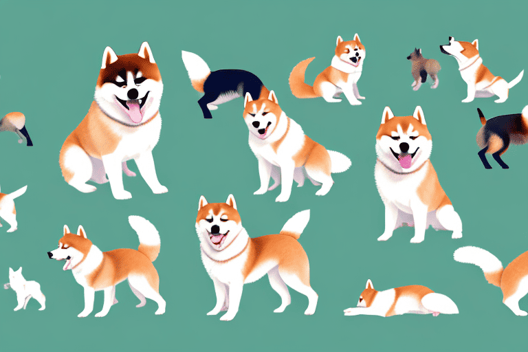 A variety of small akita type dogs in different playful poses within a serene japanese garden setting