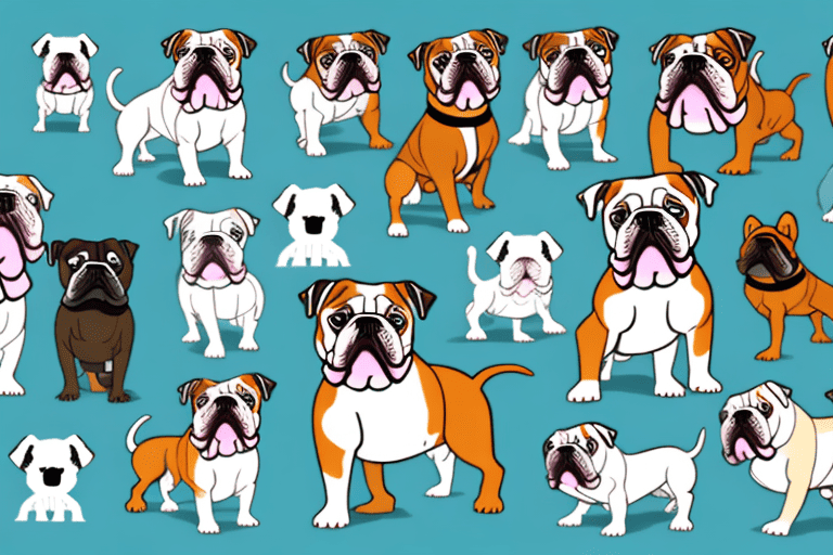 Several small bulldog type dogs of different breeds