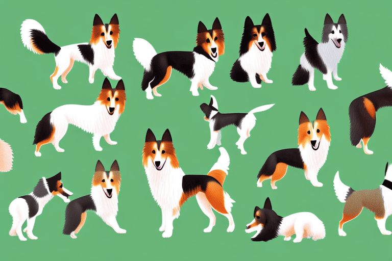 A variety of small collie type dogs in different playful poses