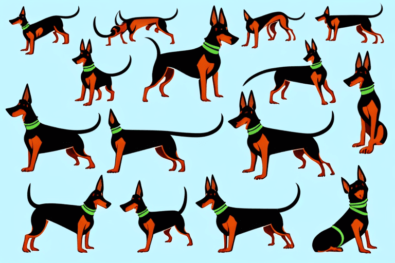 Several small doberman type dogs in various poses