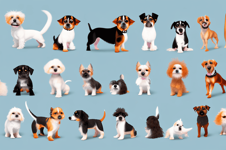 Various small dog breeds in different playful poses