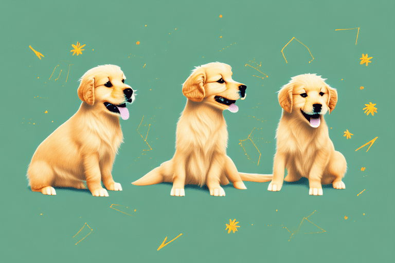 A few small golden retriever puppies frolicking in a sunlit field