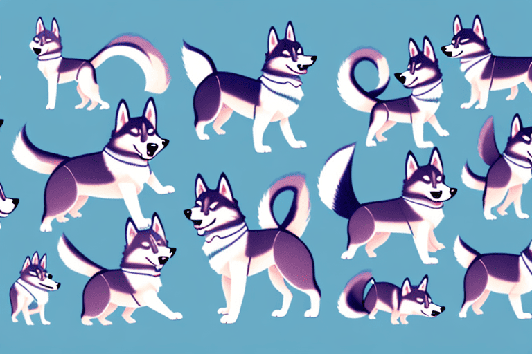 Several small husky type dog breeds interacting in a playful manner