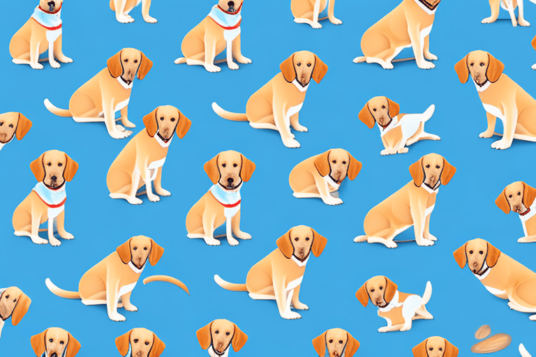 Several small labrador type dogs in various playful poses