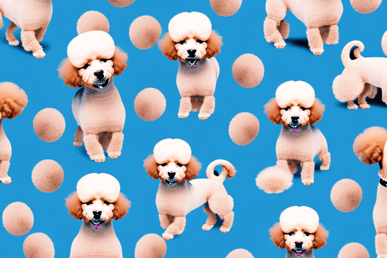 Several different small poodle type dogs in various playful poses