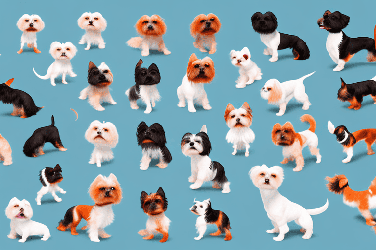 Several diverse small dog breeds in various playful poses