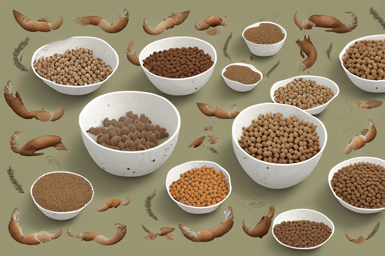 Several different types of wild dog food placed in separate bowls