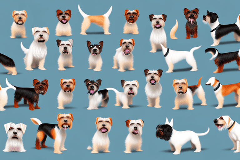 Several different types of terrier dogs in various playful poses