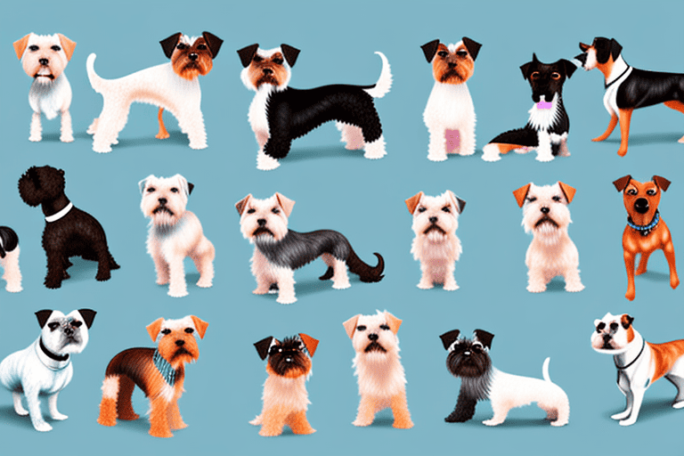 Several different breeds of terrier dogs in various poses