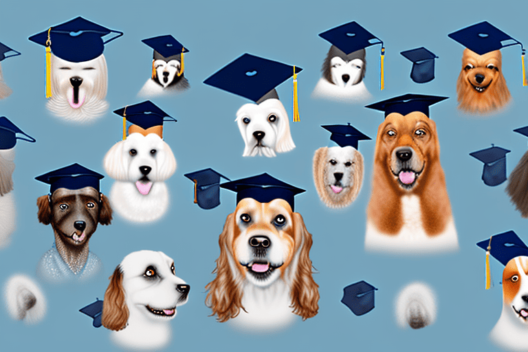 Several different breeds of dogs wearing graduation caps