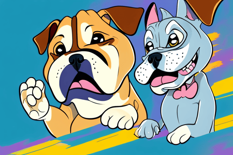 A cartoon-like dog with characteristics of both a bulldog and a terrier