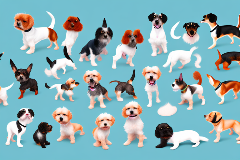 A variety of small dog breeds interacting in a playful environment