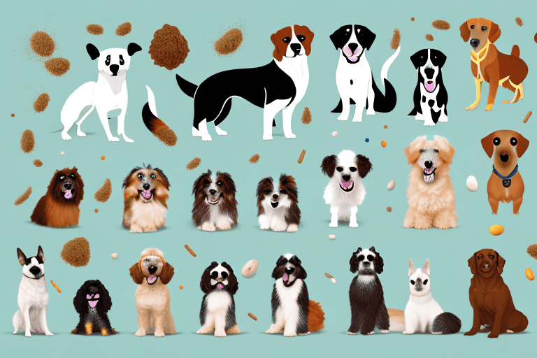 Various breeds of dogs each surrounded by different allergens such as pollen