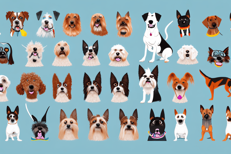 A variety of different dog breeds in a playful setting