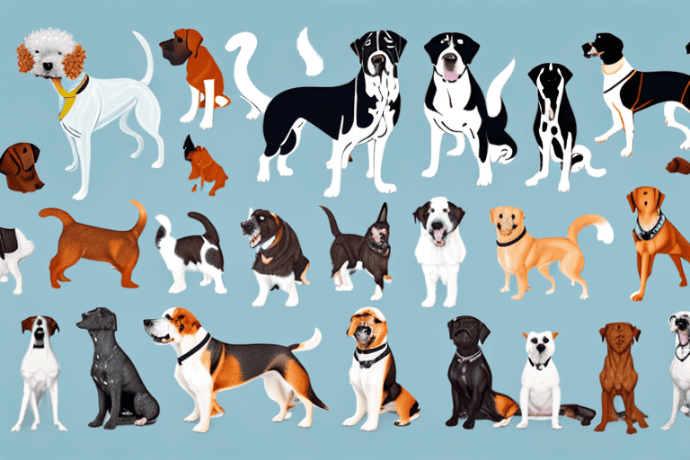 A variety of different dog breeds journeying together across a picturesque landscape