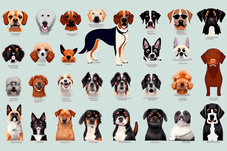 A variety of popular dog breeds standing together