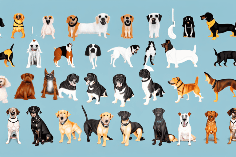 A variety of different dog breeds standing together on a path that leads towards a large magnifying glass