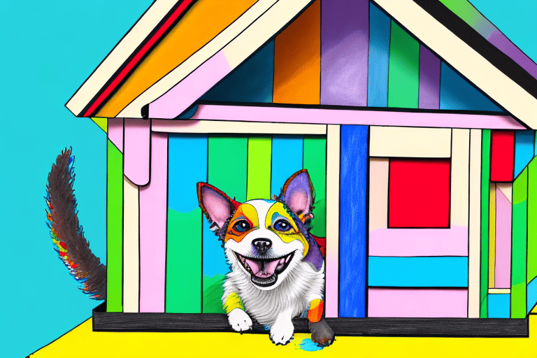 A colorful dog house painted with different types of paint