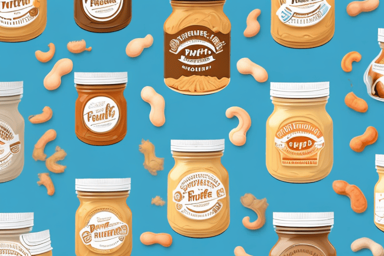 A few different types of peanut butter jars with a playful dog nearby