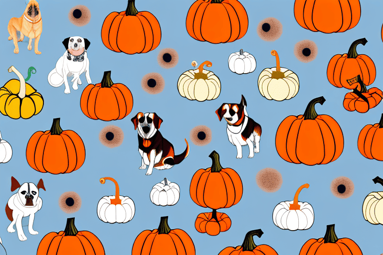 Several varieties of pumpkins with a few dogs of different breeds sniffing and examining them