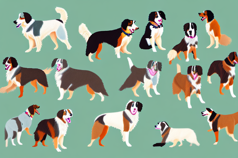 A variety of australian shepherd dogs in different colors and markings