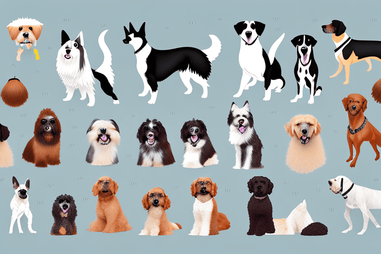 Various breeds of dogs surrounded by common allergens like pollen