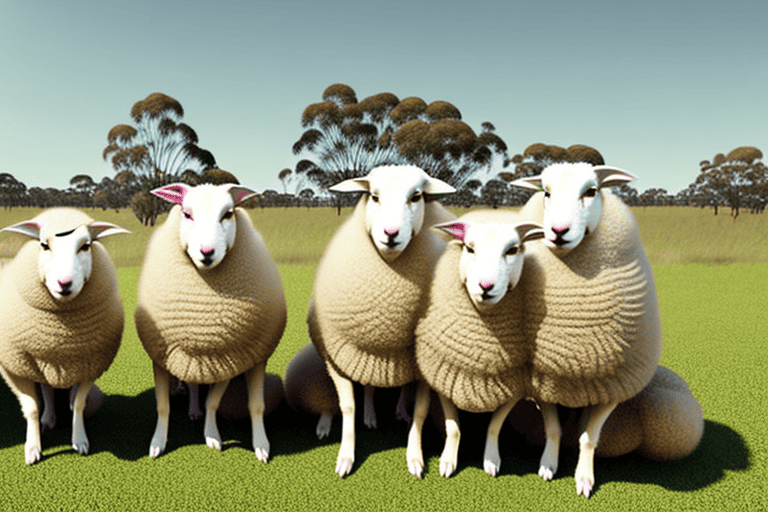 Several distinct types of australian sheep dogs in a pastoral setting