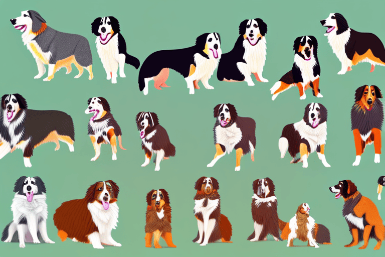 Different types of australian shepherd dogs showing their unique colors and markings