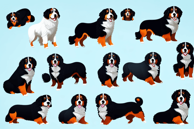 Several different types of bernese dogs in various poses