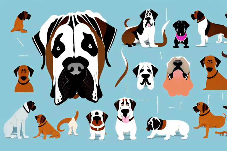 Several different types of large dog breeds such as a great dane