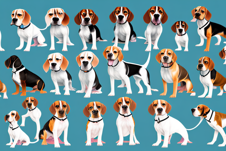 Several different types of beagle dog breeds in various poses