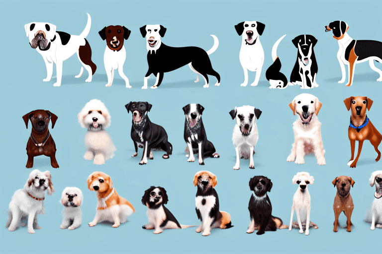 Different breeds of dogs with visual cues indicating various types of blindness