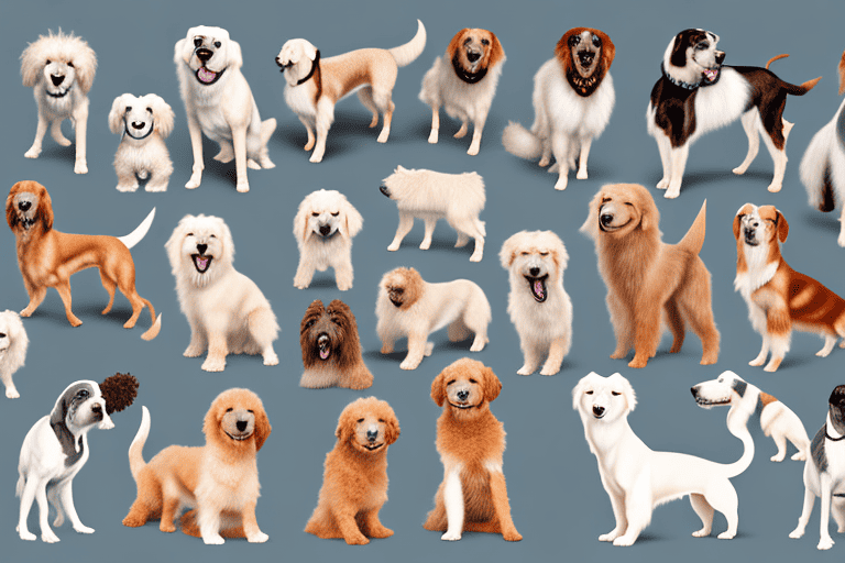 Several distinct breeds of caucasian dogs in a variety of poses