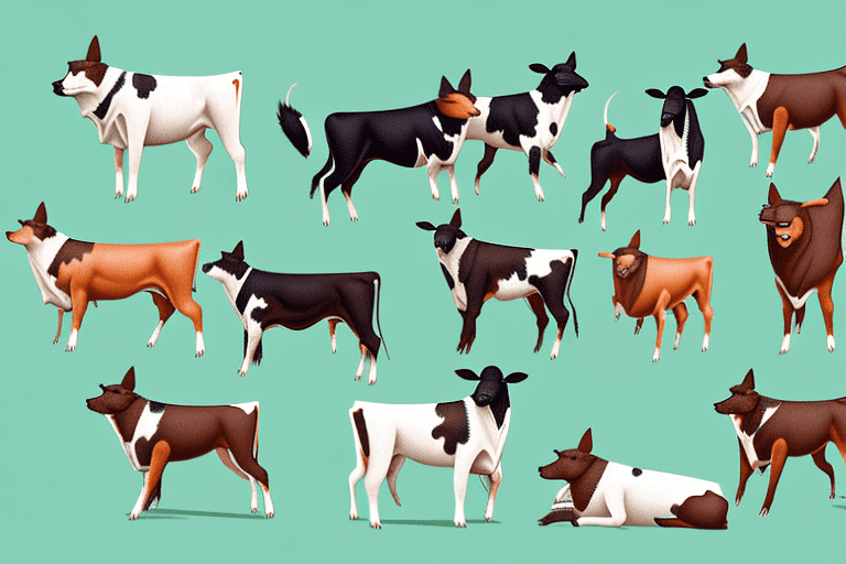 Several distinct cattle dog breeds in a pastoral setting