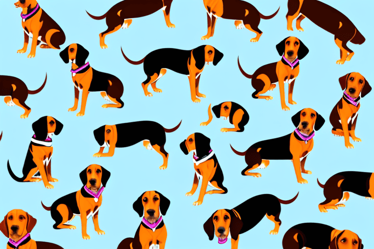 Several distinct types of coonhound dogs in various poses