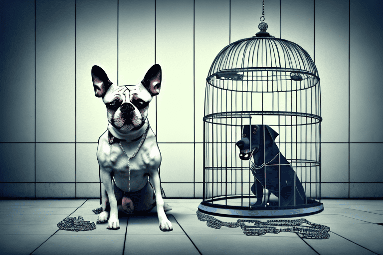 A sad-looking dog behind a cage