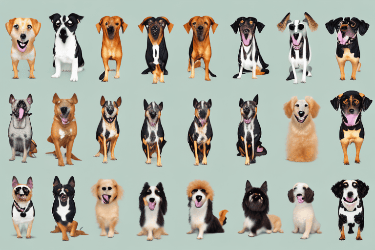 Several different breeds of dogs in various postures