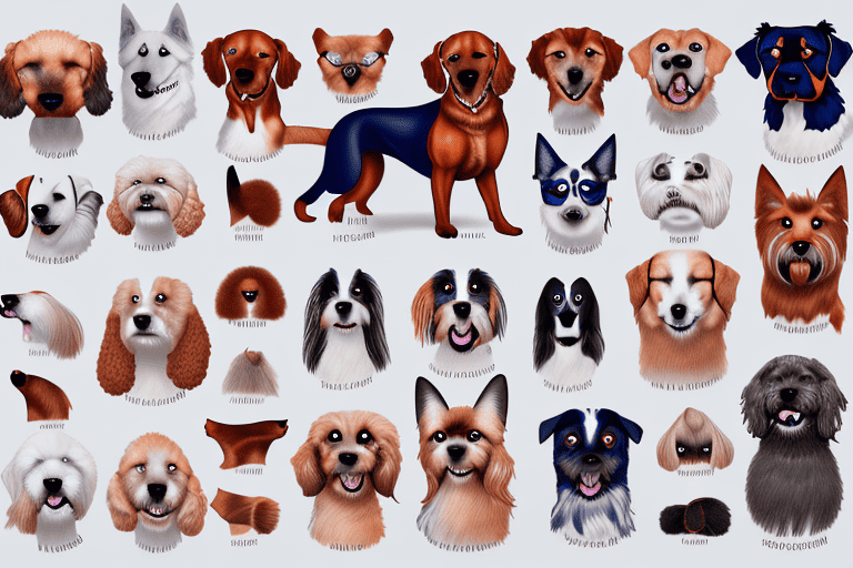 Various dog breeds with a stylized representation of different blood types flowing through their bodies