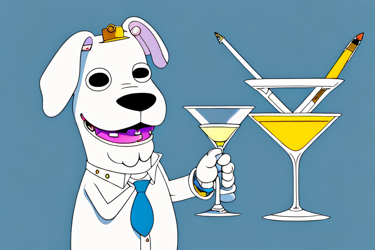 A cartoonish white dog with a martini glass