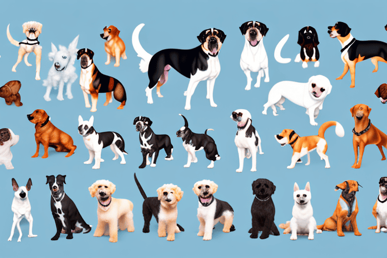 Several different medium-sized dog breeds in various playful poses