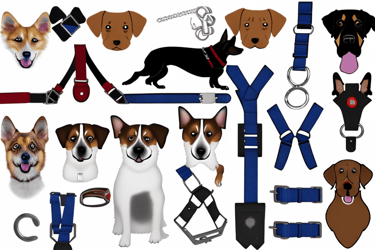 Various types of dog collars and harnesses