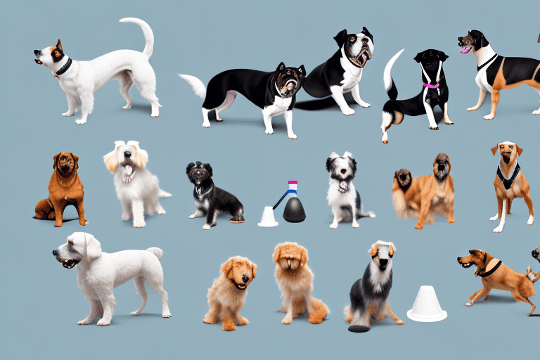 Various breeds of dogs engaged in different types of competitions such as agility courses