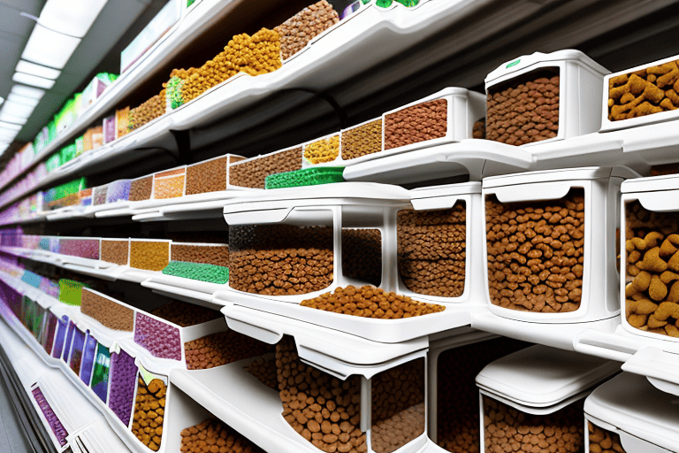 Various types of dog food containers neatly arranged on a pet store shelf