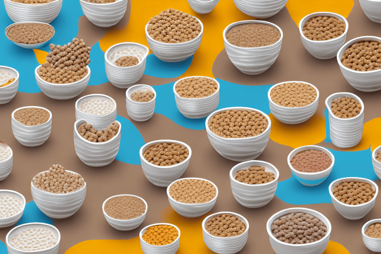 Various types of dog food in different bowls