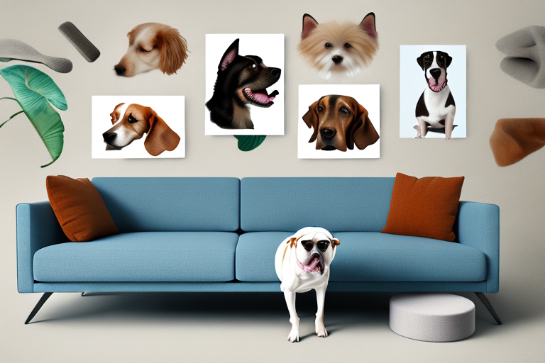 Several different types of sofas with various breeds of dogs comfortably lounging on them