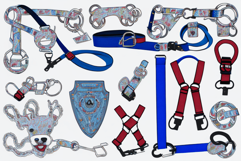 Various types of dog leashes and harnesses