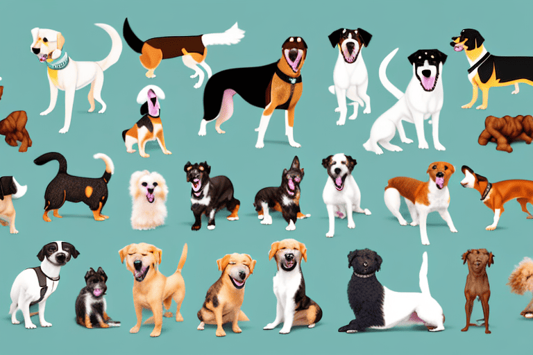 Various mixed breed dogs in different sizes and colors