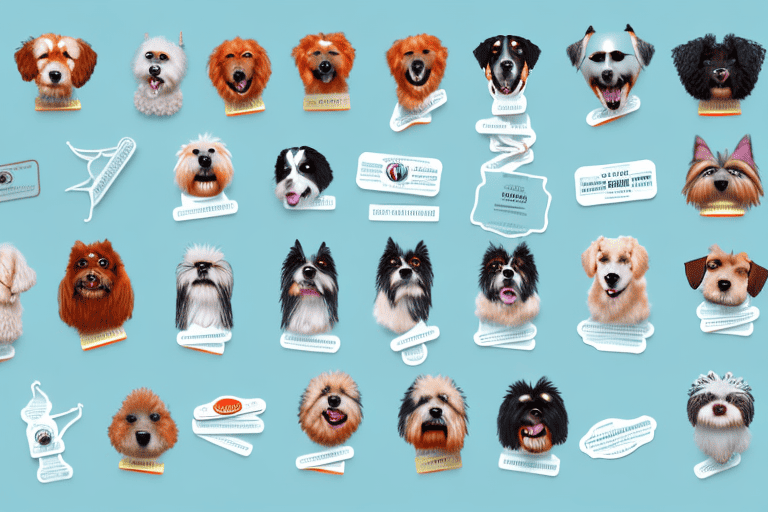 Various breeds of dogs with different name tags